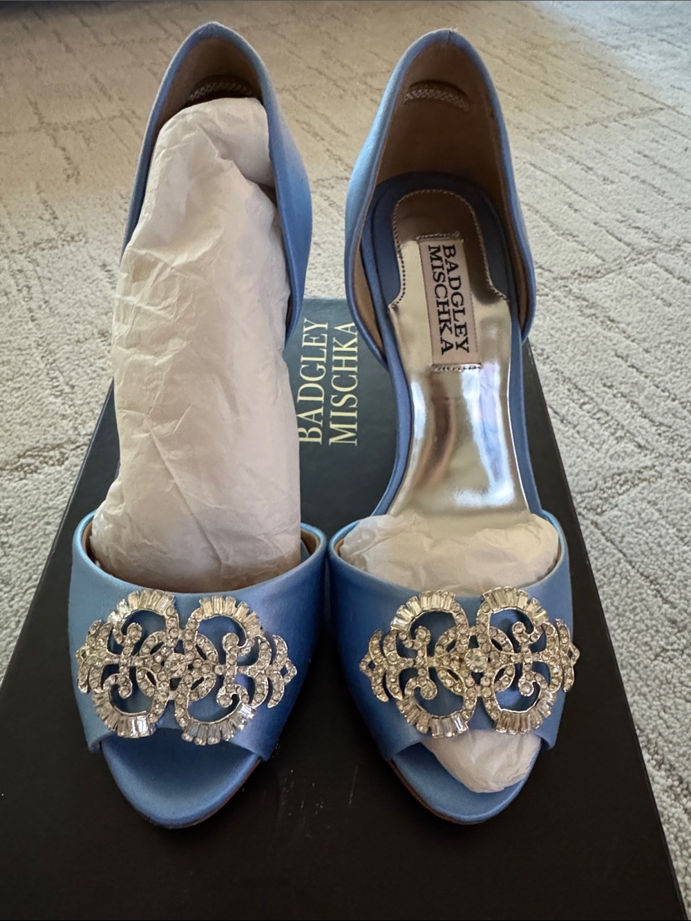 Badgley Mischka Light Blue Satin Peep-Toe Heels with Crystal Brooch